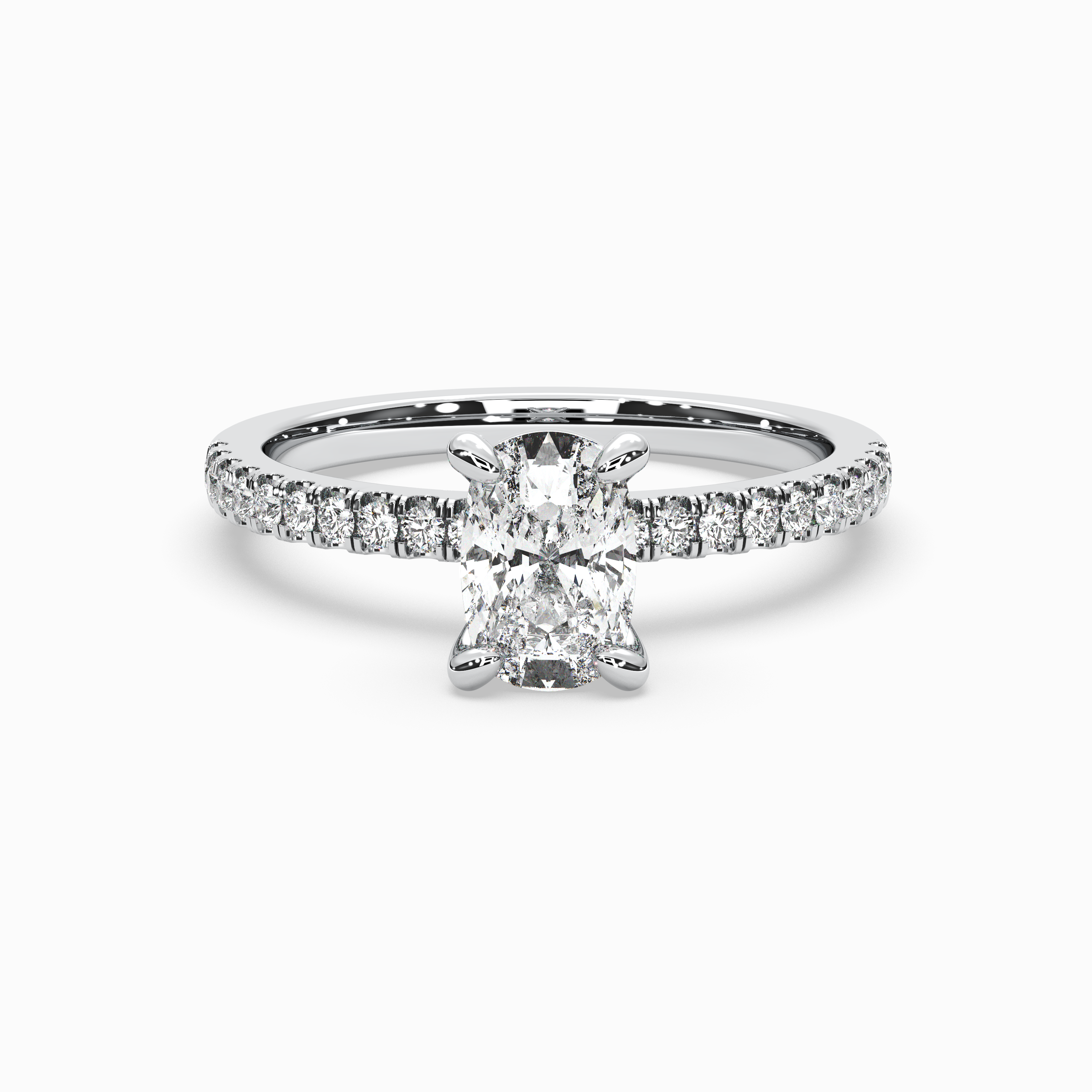 Cushion Shape Lab-Grown Diamond Solitaire Engagement Ring in 14K Gold – Pavé Band