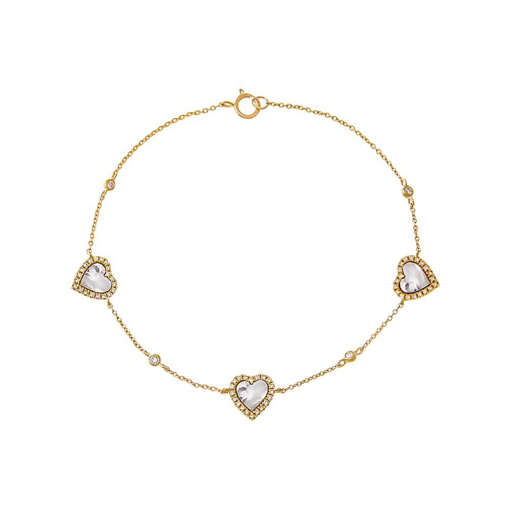 Triple Diamond Pave Colored Stone Heart Bracelet 14k